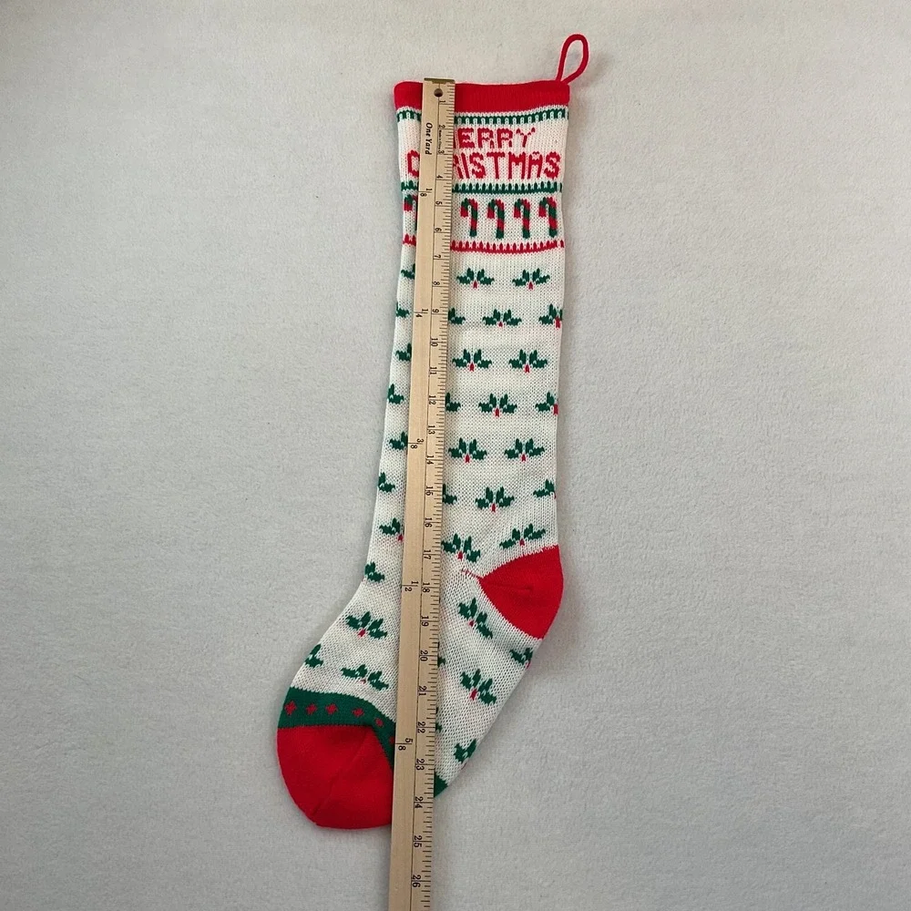 Christmas‎ Stocking Knitted Knit White Candy Canes Holly Leaves Merry Taiwan